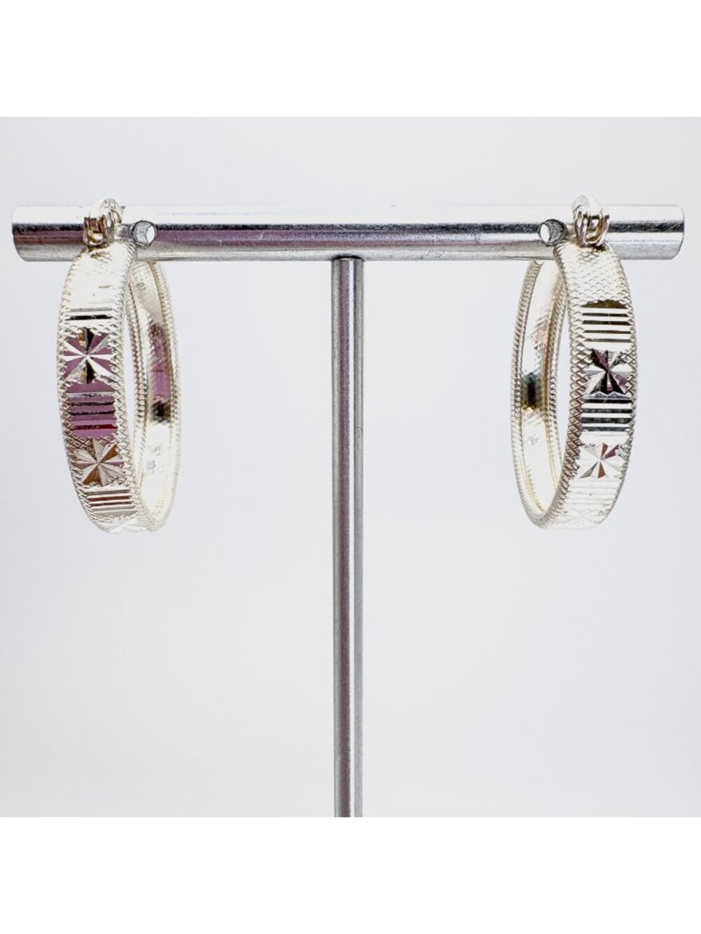 Textured Sterling Silver 925 Hoop Earrings Hinged Posts Size 1.25" Length